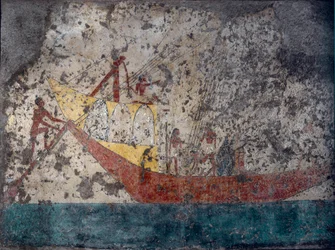 Antigüedad egipcia: “Barco militar egipcio”. Fresco de una tumba. 2000 a.C. Turín, Museo Egipcio