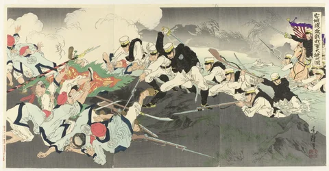 La feroz batalla que enfrentó nuestro ejército al cruzar el río Ansung. Anjô no watashi kisen taiken no zu (título sobre el objeto)