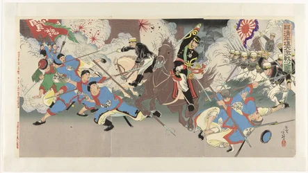 La feroz batalla de Pyongyang durante la guerra chino-japonesa Nisshin Heijô daigekisen no zu (título sobre objeto)