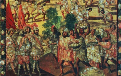 Detalle de Hernán Cortés (1485-1547) entrando en el cempoal y recibiendo al jefe Gordo (Quauhtlaebana) que da carne y regalos a todos los españoles