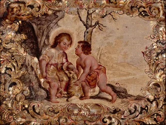 Niño Jesús y Niño Juan Bautista (óleo e incrustación de nácar sobre tabla de madera)
