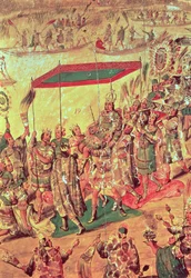 El recibimiento de Moctezuma (1466-1520) detalle de un cuadro que representa "La conquista de México por Hernando Cortés (1485-1547) 1698