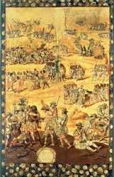 El encuentro entre Hernando Cortés (1485-1547) y Moctezuma (1466-1520), panel de la Conquista de México