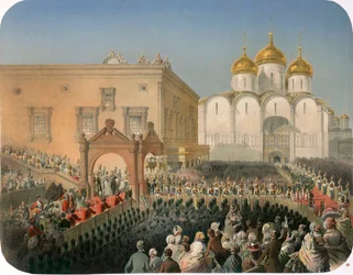 Procesión de la zarina Alexandra Feodorovna a la Catedral de la Dormición, Moscú, 1856