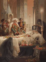 Tamara en el ataúd. Ilustración del poema El Demonio de Mikhail Lermontov, c. 1880