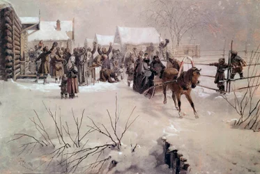 El zar Alejandro II (1818-1881) en un trineo cruza un pueblo bajo la nieve. Acuarela de Mihaly von Zichy (1827-1906) siglo XIX San Petersburgo, Castillo de Peterhof
