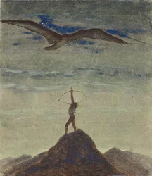 El signo de Sagitario (Del ciclo "Zodiaco") par Ciurlionis, Mikalojus Konstantinas (1875-1911). Témpera sobre papel, tamaño : 35,3x30,1