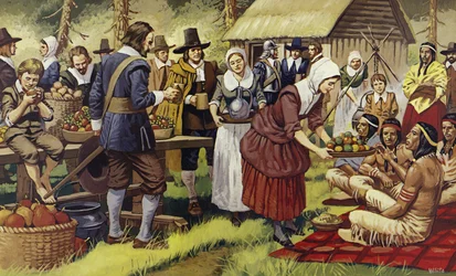 La Primera Acción de Gracias en 1621, un año después de que los Padres Peregrinos abandonaran el Viejo Mundo (litografía en color)
