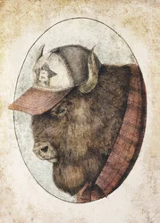Un búfalo con gorra de béisbol