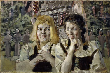 Hansel y Gretel (Hansel y Gretel). Retratos de los dos niños del cuento de los hermanos Jacob (1785-1863) y Wilhelm (1786-1859) Grimm, con ojos codiciosos frente a la casa de dulces. Pintura de Mikhail Alexandrovich Vrubel (Vrubel) (1856-1910), óleo sobre