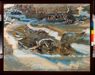 Illustration pour le conte du czar Saltan de Alexandre Pouchkine (1799-1837) (Ilustración para el cuento de hadas del zar Saltan de A Pushkin) - Obra de Mikhail Alexandrovich Vrubel (Vrubel) (1856-1910), acuarela, gouache, oro y dinero en papel