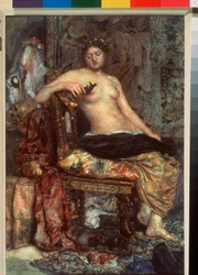 Un modelo en un mobiliario renacentista - Obra de Mikhail Alexandrovich Vrubel (Vrubel) (1856-1910), acuarela sobre papel