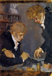 Frederic Georges Cuvier (1773-1838) y Etienne Geoffroy Saint Hilaire (1819-1842) (F. G. Cuvier y E. G. Saint Hilaire). Los dos científicos observan el cadáver de un animal. Obra de Mikhail Dmitrievich Ezuchevsky (1880-1928), óleo sobre papel