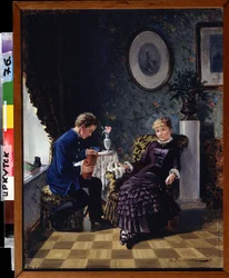 Los comienzos (El debut). En una sala de estar, un cabeza a cabeza entre un joven tímido, que sostiene un libro, y una joven sonriente, un encuentro de declaración de amor. Pintura de Mikhail Georgievich Malyshev (1852-1914), óleo sobre lienzo