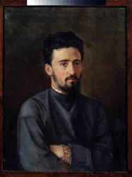 Retrato del escritor Vsevolod Mikhailovich Garshin (1855-1888) (Retrato del autor V.M. Garshin). Pintura de Mikhail Georgievich Malyshev (1852-1914), óleo sobre lienzo