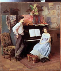 "El artista y su esposa" La joven con los ojos bajos se sienta al piano mientras su marido mira. Pintura de Mikhail Ignatiev (1870-1934) 1900 aproximadamente Galería de Arte Regional, Vologda