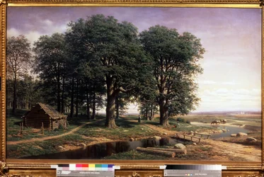 Una Chesnaie. (Un robledal). Paisaje con altos robles y una cabaña de madera, cerca de un río que serpentea hasta el horizonte, con figuras y vacas bebiendo agua. Pintura de Mikhail Konstantinovich Klodt baron von Jurgensburg (Micha