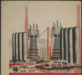 Illustration du livre pour enfants "Combinat metallurgique Kuznets : un geant socialiste" - Ilustración para el libro infantil "Combinado metalúrgico Kuznets: Un gigante socialista", de Gurevich, Mikhail Lvovich (1904-1943). Litografía en color