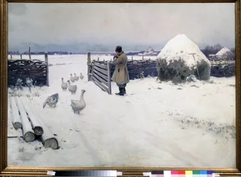 Les premieres neiges sont tombees (La primera nieve ha caído). Pintura de Mikhail Markianovich Germashev (1867-1930), papel sobre papel, vers 1890, arte ruso del siglo XIX. Galería Estatal Tretyakov, Moscú.