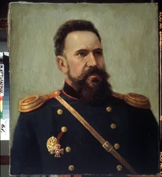"Retrato del soldado e ingeniero Sergei Mosin (1849-1902), inventor del fusil Mosin-Nagant (Mosin Nagant)". Pintura de Mikhail Gerets (1900-1942) 1941 Museo Estatal Central de Artillería, San Petersburgo