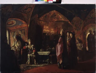 La Vivienda de la Zarina (La Vivienda de Tsarevna). Composición sobre el tema de la antigua Rusia, traje tradicional y decoración del principado de Moscú. Pintura del barón Mikhail Petrovich Klodt (1835-1914), óleo sobre lienzo