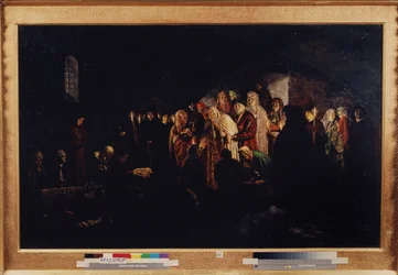 La emperatriz dando limosnas (Empress Giving Alms). La zarina, rodeada de nobles y clérigos, ofrece caridad a una asamblea de necesitados arrodillados ante ella. Pintura del barón Mikhail Petrovich Klodt (1835-1914), óleo sobre lienzo