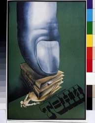 Cartel para la obra de teatro "Las sombras", según Mijaíl Saltykov-Shchedrin (1826-1889), que representa un dedo gigante sobre una pila de libros.