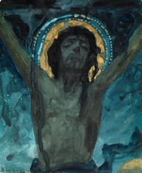 ""Cristo en la cruz"" Pintura de Mikhail Vasilyevich Nesterov (1862-1942) Dim 19x15,5 cm Colección particular