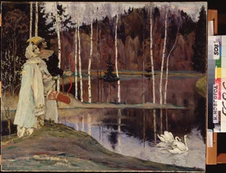 Armonía dual. Una pareja disfrazada y maquillada teatralmente mira al cielo cerca de un lago en el que nadan plácidamente una pareja de cisnes. Pintura de Mikhail Vasilyevich Nesterov (1862-1942), óleo sobre lienzo