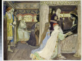 La mort du grand duc Alexandre Nevski (1220-1263). (La muerte del Gran Duque Alejandro Nevski). Obra de Mikhail Vasilyevich Nesterov (1862-1942), acuarela y gouache sobre papel