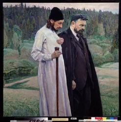 Les philosophes. Serguei (Serge) Boulgakov (1871-1944) et Pavel (Paul) Florensky (1882-1943) (Los filósofos. Sergei Bulgakov y Pavel Florensky). Peinture de Mikhail Vasilyevich Nesterov (1862-1942), huile sur toile.