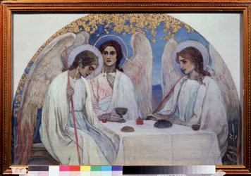 La hospitalidad de Abraham. La Trinidad del Antiguo Testamento. Representación de los tres ángeles que se aparecieron a Abraham cerca de la Encina de Mambre. (La hospitalidad de Abraham (Trinidad del Antiguo Testamento). Pintura de Mikhail Vasilyevich Nest