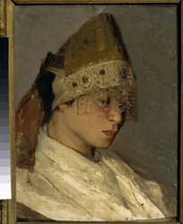 Una chica que lleva un Kokochnik (una chica con Kokoshnik). Tocado alto tradicional de las mujeres rusas, atado en la espalda con cintas, la parte delantera está decorada con cuentas y bordados. Pintura de Mikhail Vasilyevich Nesterov (1862-1942), óleo sob