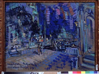 Escenografía para la obra de teatro Le bal masque de Mikhail Lermontov (1814-1841) (Escenografía para la obra de teatro The Masquerade de M.Lermontov). Obra de Konstantin Alexeyevich Korovin (Constantin Korovin) (1861-1939), gouache sobre cartón