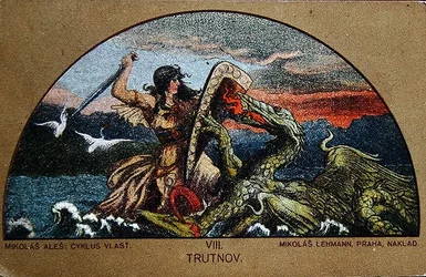 Postal que representa al Caballero Trut luchando contra el Dragón de las Rocas, c.1900