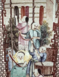 Detalle de un jarrón que representa hombres tiñendo seda