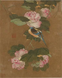 Diez imágenes de pájaros y flores (color sobre seda)