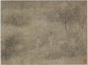 Dos hombres caminando en un bosque brumoso