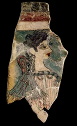 La Parisienne: fragmento de fresco que representa a una sacerdotisa de perfil. De Cnossos (Knossos). Arte minoico, alrededor de 1500-1450 a.C. Museo Arqueológico de Heraklion. Creta, Grecia