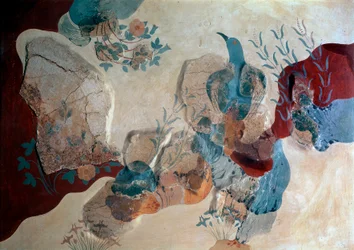 Arte minoico: «Pájaro azul». Fragmento de fresco de la Casa de los Frescos. 1500 a. C. Heraclión, Museo Arqueológico, Creta - Arte minoico: pájaro azul. Fragmento del fresco que muestra un pájaro entre rocas, rosas silvestres e iris, de la Casa de los