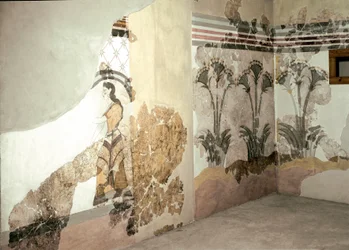 Arte minoico: «La mujer con lirios». Fresco de Akrotiri en Santorini. Siglo XVI a. C. Atenas, Museo Arqueológico Nacional