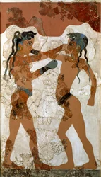 Arte minoico: lucha entre dos boxeadores. Fresco de Akrotiri en Santorini. Siglo XVI a. C. Atenas, Museo Arqueológico Nacional