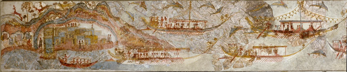 Arte minoico: expedición naval. Fresco de Akrotiri en Santorini. Siglo XVI a.C. Atenas, Museo Arqueológico Nacional