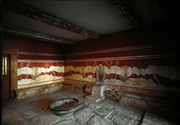 Civilización minoica: vista de la sala del trono del palacio del rey Minos en Cnossos