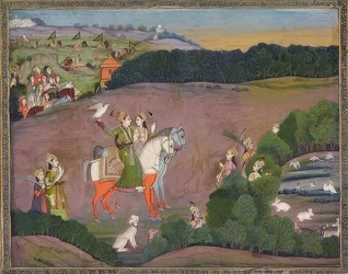 Baz Bahadur y Rupmati en la caza de halcones. Alrededor de 1735