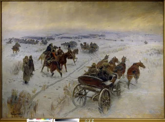 La batalla en Yegorlykskaya (Rusia). Episodio de la Guerra Civil Rusa (1917-1923), enfrentamiento de la caballería del Ejército Rojo y el Ejército Blanco, en las llanuras nevadas. Pintura de Mitrofan Borisovich Grekov (1882-1934), óleo sobre lienzo