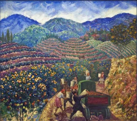 La cosecha en Chakva sovkhoz par Beringov, Mitrofan Mikhaylovich (1986-1937). Óleo sobre lienzo, tamaño : 114x128
