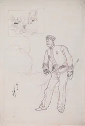 Dibujo preparatorio para un grabado en madera que representa a un oficial naval japonés durante la guerra chino-japonesa