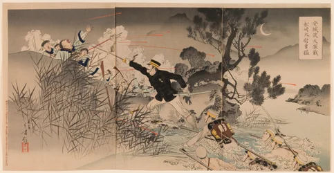 La valentía del capitán Matsuzaki durante la gran batalla feroz en el cruce de Anseong Anjōto daigekisen Matsuzaki taii yūmō