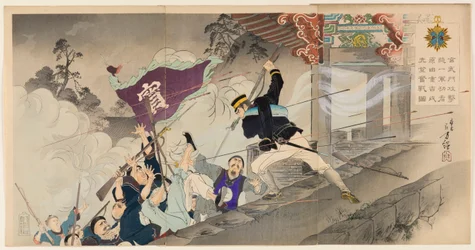 El primer héroe Harada Jūkichi luchando ferozmente en el ataque a la puerta Hyeonmu en Pyeongyang